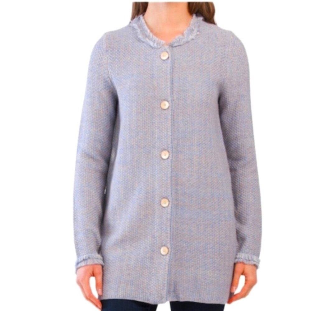J McLaughlin Blue Fringe Trim Buttoned Cotton Cardigan Sweater Women's size M